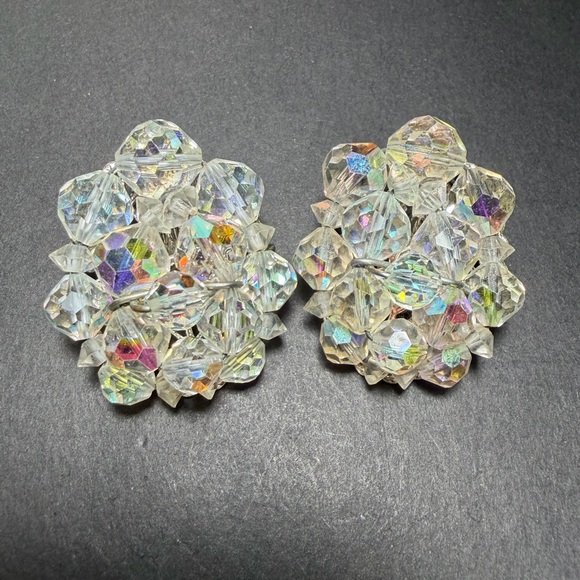 Vintage Aurora Borealis AB Crystal Rhinestone Filigree Clip-On Earrings - Picture 5 of 13